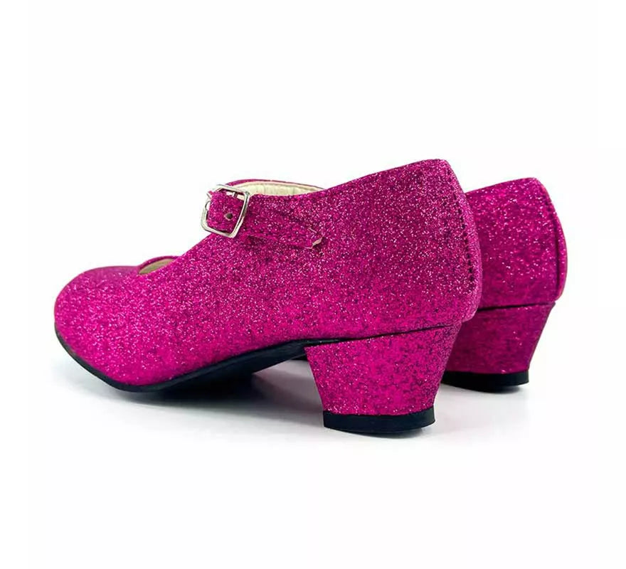 Translation missing: it.Zapato Sevillana con tacón Fucsia Purpurina en números del 22 al 41