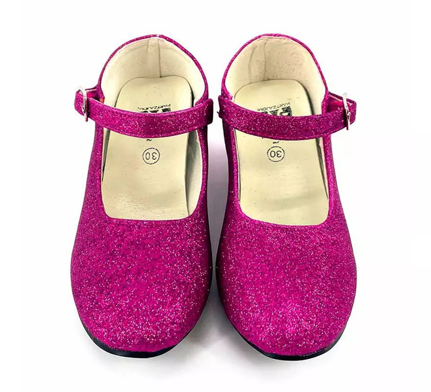 Translation missing: it.Zapato Sevillana con tacón Fucsia Purpurina en números del 22 al 41