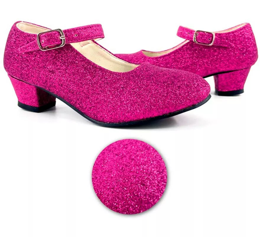 Translation missing: it.Zapato Sevillana con tacón Fucsia Purpurina en números del 22 al 41