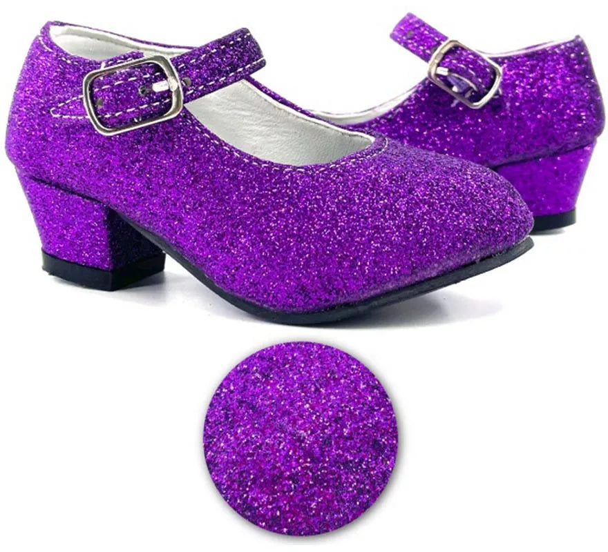 Translation missing: it.Zapato Sevillana con tacón Lila Purpurina en números del 22 al 41