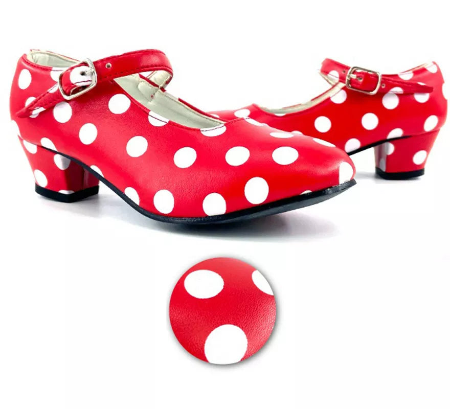 Zapato Sevillana con tacón Rojo con lunares Blancos en números del 22 al 41