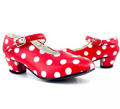 Zapato Sevillana con tacón Rojo con lunares Blancos en números del 22 al 41