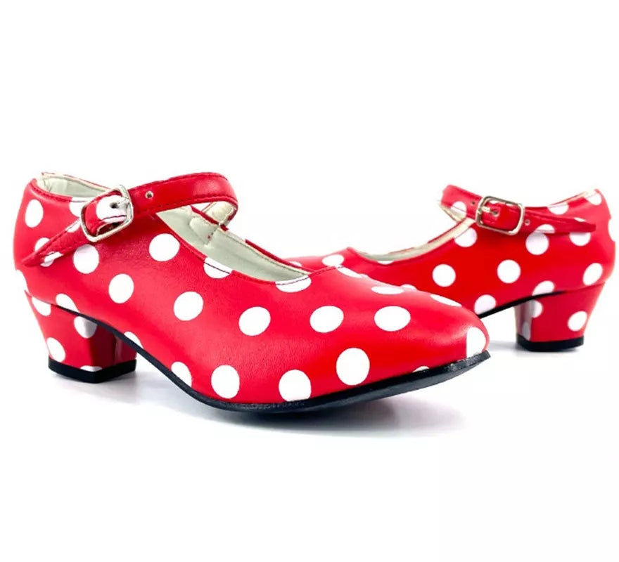 Translation missing: it.Zapato Sevillana con tacón Rojo con lunares Blancos en números del 22 al 41