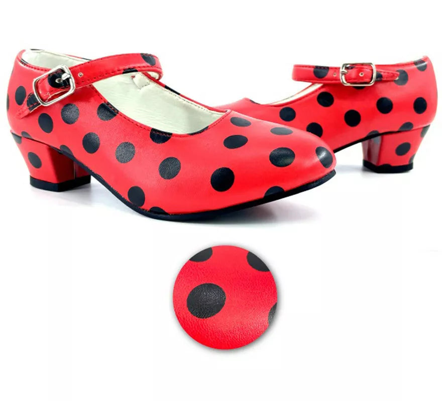 Translation missing: it.Zapato Sevillana con tacón Rojo con lunares Negros en números del 22 al 41