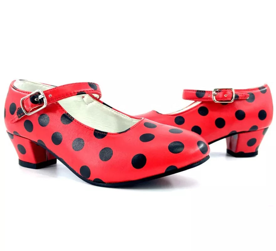 Translation missing: es.Zapato Sevillana con tacón Rojo con lunares Negros en números del 22 al 41