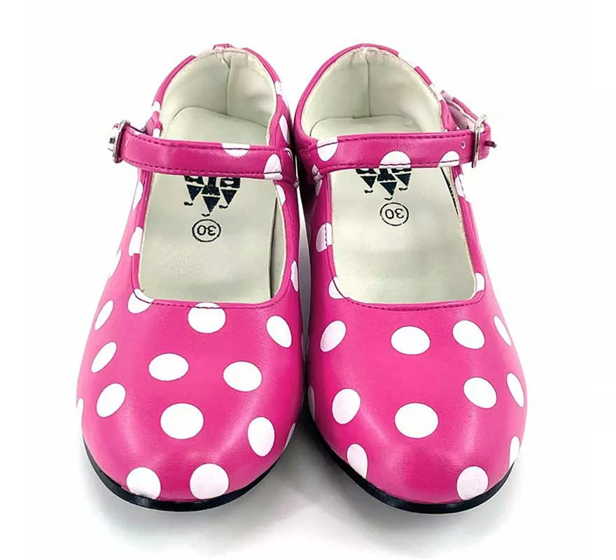 Translation missing: it.Zapato Sevillana de tacón Fucsia con lunares Blancos números del 22 al 41