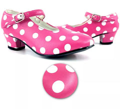 Scarpa Sevillana con tacco fucsia con Pois Bianchi in numeri dal 22 al 41