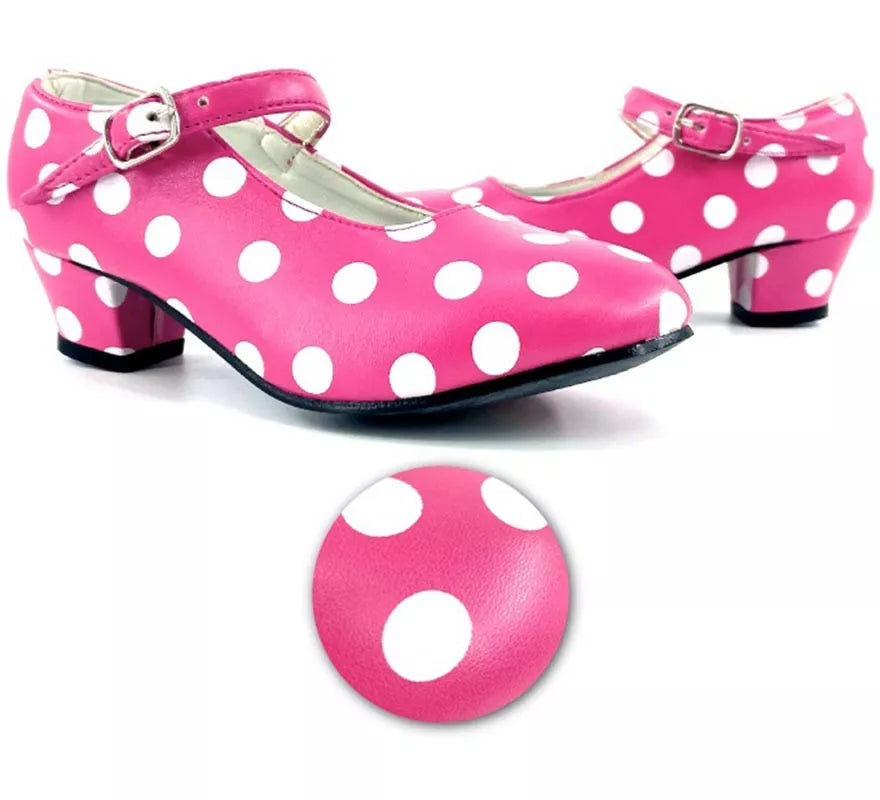 Translation missing: it.Zapato Sevillana de tacón Fucsia con lunares Blancos números del 22 al 41
