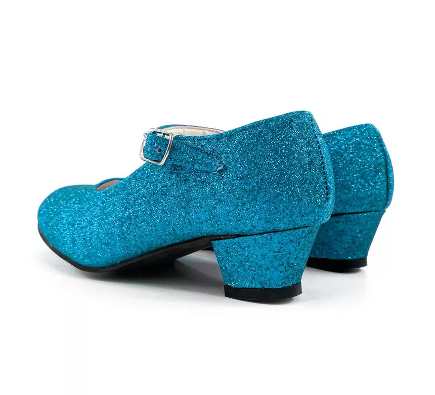 Translation missing: it.Zapato Sevillana con tacón Azul Turquesa Purpurina en números del 22 al 41