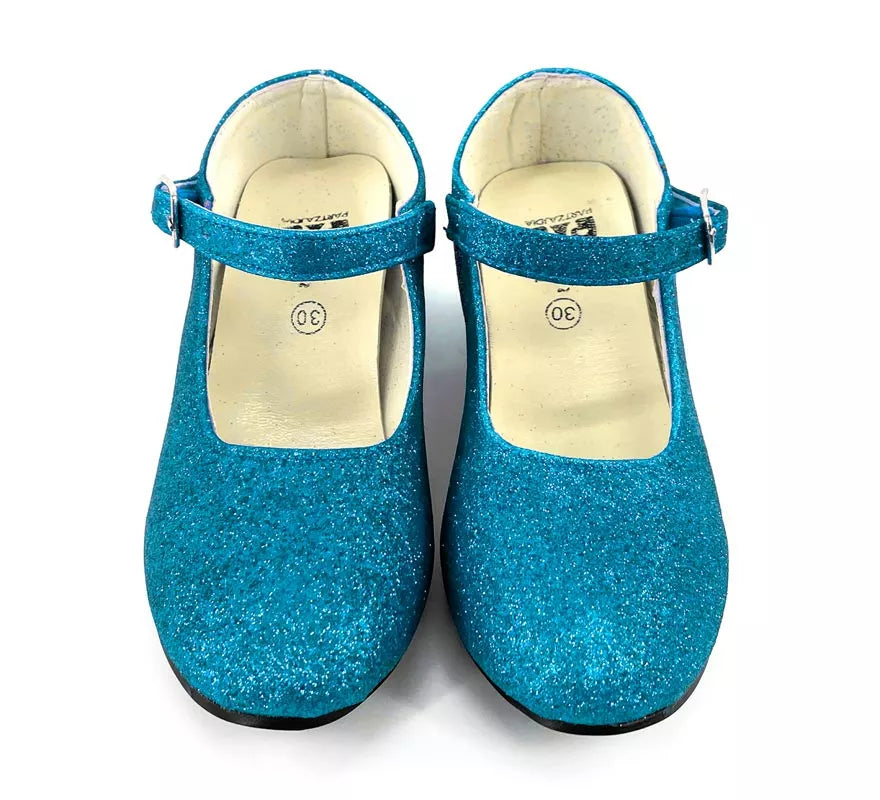 Translation missing: it.Zapato Sevillana con tacón Azul Turquesa Purpurina en números del 22 al 41