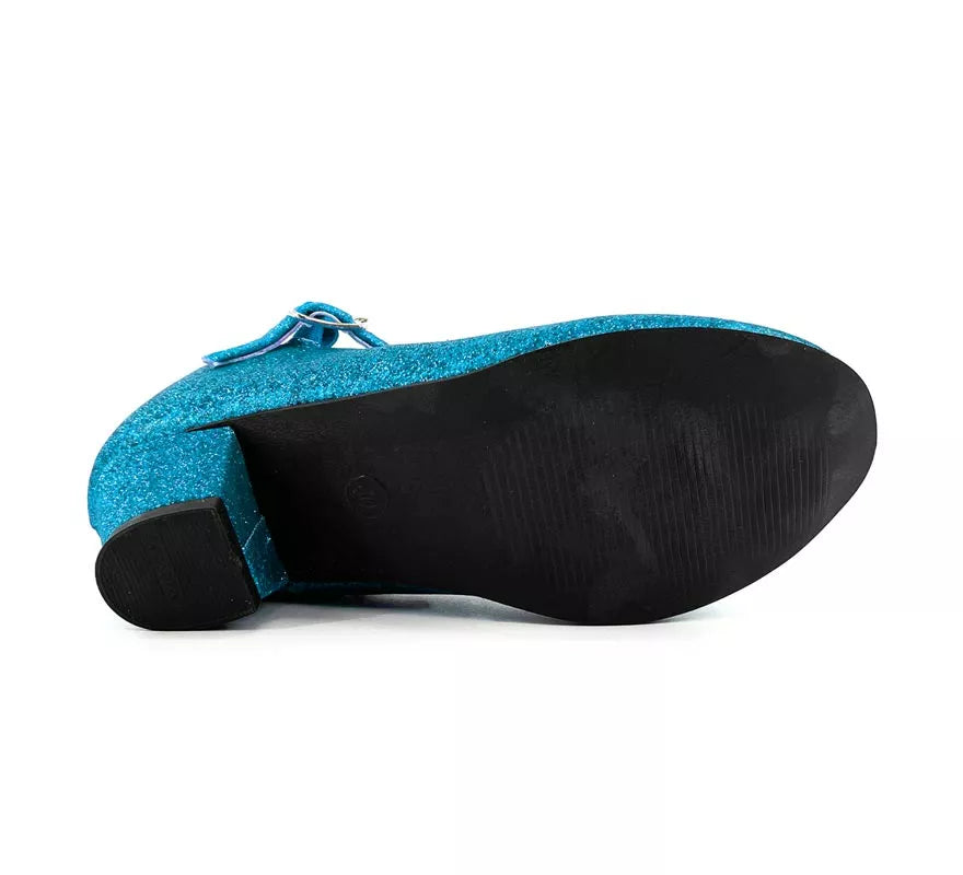 Translation missing: it.Zapato Sevillana con tacón Azul Turquesa Purpurina en números del 22 al 41